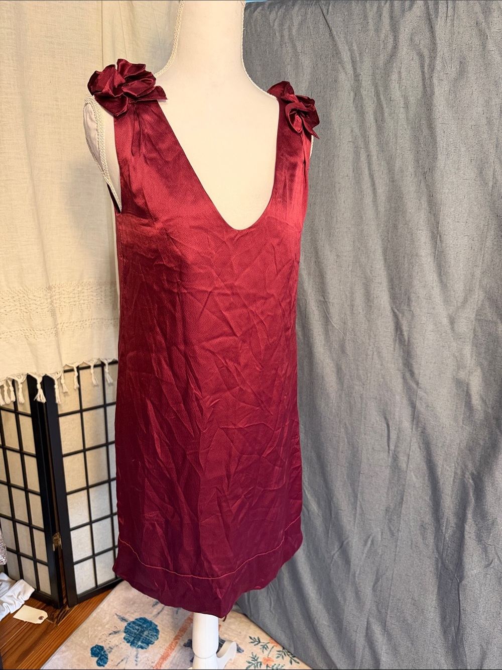 French Connection Burgundy V-Neck Mini Dress with Rosette Shoulders
